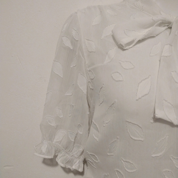 Calvin Klein - Neck Tie Puff Sleeves Sheer Blouse - Picture 7 of 16
